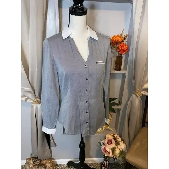 Express The Essential Shirt size Medium GUC Grey Black White Pinstripe Shirt - Picture 4 of 12